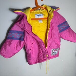 Vintage Kids Pink & Yellow Puffer Jacket with Patterned Accents
